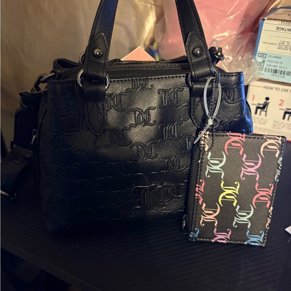Juicy Couture Black Satchel with Multicolor Logo Cardholder
